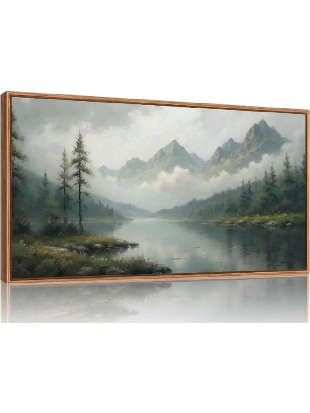 Large Green Forest Framed Canvas Art, Misty Mountain Lake Decor, Modern Nature